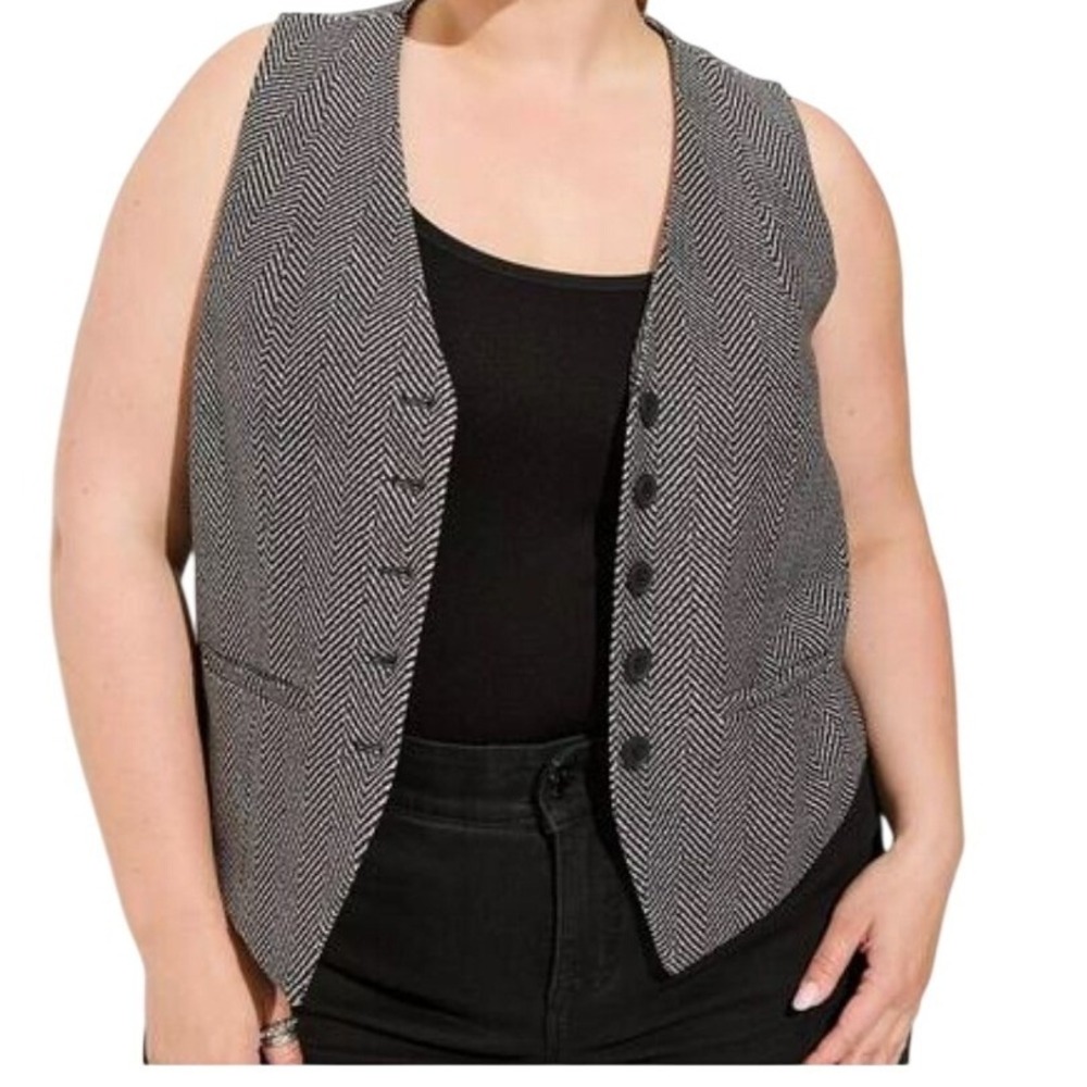 Torrid 0 Luxe Ponte Vest Black White Herringbone Tailored Preppy Academia‎ Large